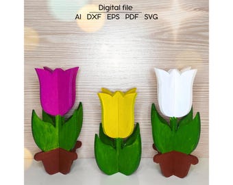 Tulip digital download, SVG, DXF, AI, 3D room decor, Mother's Day gift, Laser cut file, for Glowforge, xTool, cnc, wooden coloring