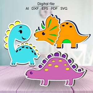 Digitale download dinosaurus, set van 3, SVG, DXF, AI, 3D-kamerinrichting, lasergesneden bestand, voor Glowforge, xTool, cnc, dino-houtkleuring