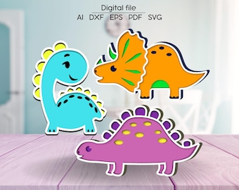 Multilayered Dinosaur digital download, Set of 3, SVG, DXF, AI, 3D room decor, Laser cut file, for Glowforge, xTool, cnc, Dino wood coloring