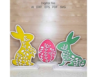 Easter decor SVG, DXF, AI, bunnies and egg, multilayered digital download, Laser cut file, decoration, for Glowforge, xTool, cnc