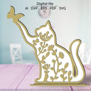 Chat en couches avec papillon SVG, DXF, AI, téléchargement numérique multicouche, fichier découpé au laser, décoration de chambre, pour Glowforge, xTool, cnc