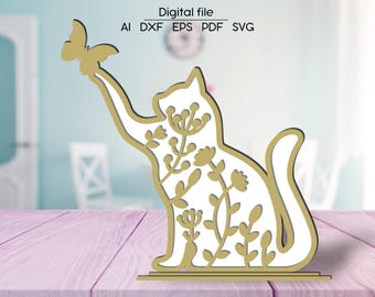 Layered Cat with butterfly SVG, DXF, AI, multilayered digital download, Laser cut file, room decor, for Glowforge, xTool, cnc