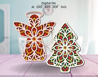 Christmas Tree and Angel Layered SVG, Mandala room decoration, cut file, for Glowforge, Cricut, xTool, cnc, digital download, Laser cut file