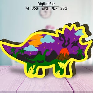 Geschichteter Dinosaurier Triceratops digitaler Download, SVG, DXF, 3D Raum Dekor, Laser cut Datei, für Glowforge, xTool, cnc, Dino Holz Färbung