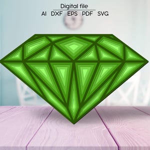 Puede incluir: Un diseño de diamante verde en capas, perfecto para proyectos de corte de papel o corte por láser. Este archivo digital está disponible en los formatos AI, DXF, EPS, PDF y SVG.