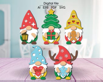 Christmas gnome bundle SVG, Winter Layered Gnome Sign, Happy New Year decoration, for Glowforge, Cricut, xTool, CNC, Laser cut file
