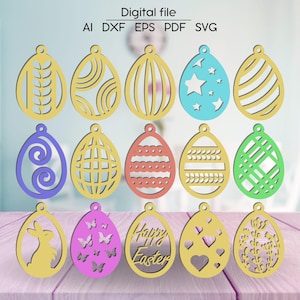 Étiquettes d'oeufs de Pâques SVG, DXF, AI, 15 modèles, téléchargement numérique, décoration de Pâques, fichier découpé au laser, pour Glowforge, xTool, cnc