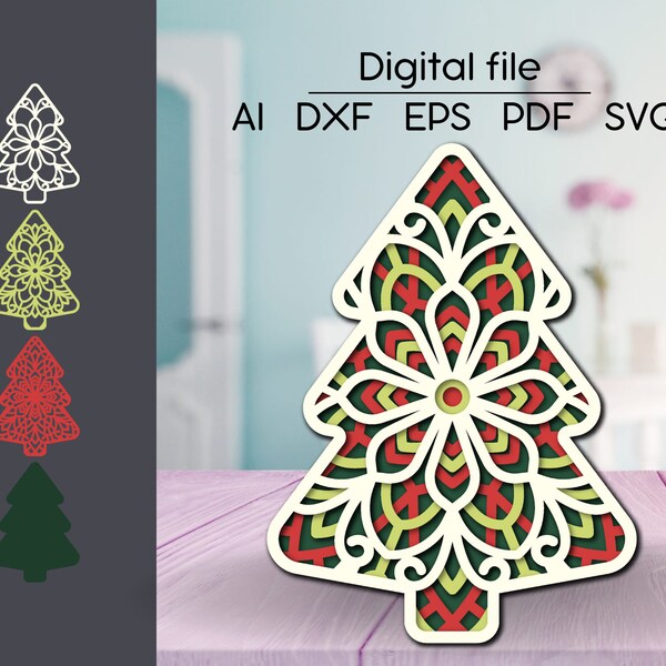 Weihnachtsbaum geschichtet SVG, Mandala Raumdekoration, Tannenbaum geschnitten, für Glowforge, Cricut, xTool, cnc, digitaler Download, Laserschnittdatei