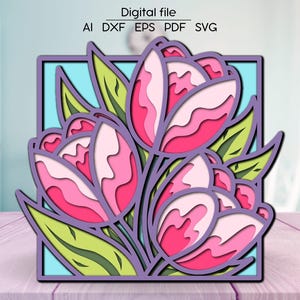Warstwowe tulipany 3D SVG, obraz kwiatowy, kwiaty, dekoracja pokoju, plik cięty laserowo, dla Glowforge, Cricut, xTool, cnc, pobieranie cyfrowe