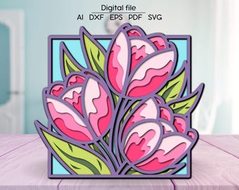 Layered Tulips 3D SVG, Floral picture, Flowers, room decoration, laser cut file, for Glowforge, Cricut, xTool, cnc, digital download