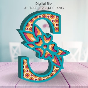 Letra en capas S SVG, Alfabeto floral DXF, Letras 3D, Plantilla SVG de descarga digital cortada en papel/láser, 4 capas