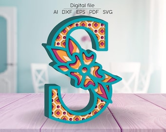 Layered letter S SVG, Floral Alphabet DXF, Letters 3D, Paper/Laser cut digital download SVG template, 4 layers