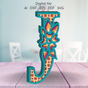 Letra J SVG em camadas, alfabeto floral DXF, letras 3D, modelo SVG de download digital cortado em papel/laser, 4 camadas