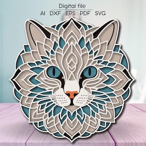 Layered Cat Mandala 3D SVG, Raumdekoration, Schnittdatei, für Glowforge, Cricut, xTool, cnc, digitaler Download, Laserschnittdatei