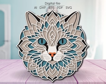 Layered Cat Mandala 3D SVG, room decoration, Cut file, for Glowforge, Cricut, xTool, cnc, digital download, Laser cut file