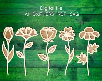 Layered flowers SVG, DXF, AI, digital download, Mother's Day gift, Laser cut file, for Glowforge, xTool, Cricut, cnc, coloring