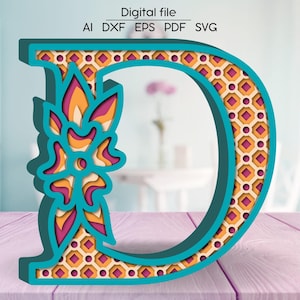 Letra D em camadas SVG, alfabeto floral DXF, letras 3D, modelo SVG de download digital cortado em papel/laser, 4 camadas