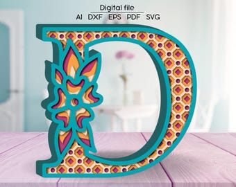 Puede incluir: Una letra D azul turquesa con un patrón geométrico y un diseño floral en tonos naranja, rojo y blanco.