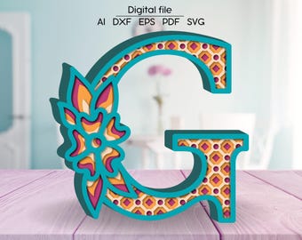Layered letter G SVG, Floral Alphabet DXF, Letters 3D, Paper/Laser cut digital download SVG template, 4 layers