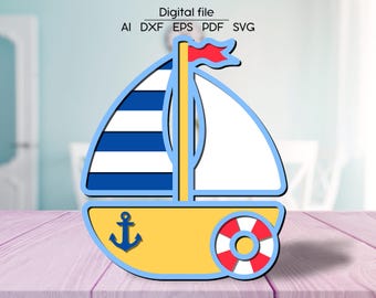 Multilayered boat SVG, DXF, AI, digital download, 3D kids room decoration, Laser cut file, for Glowforge, xTool, cnc, coloring
