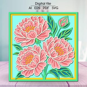 Warstwowe piwonie 3D SVG | Floral Shadow Box | Plik wycinany laserowo dla Cricut Glowforge xTool | Pobieranie cyfrowe dekoracji ściennych do pokoju