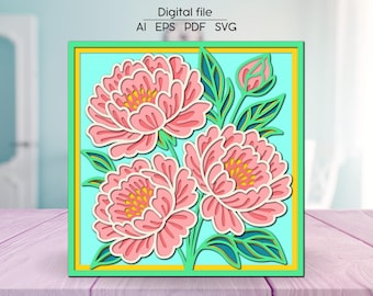 Layered Peonies 3D SVG | Floral Shadow Box | Laser Cut File for Cricut Glowforge xTool | Room Wall Decor Digital Download