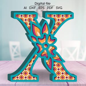 Letra X SVG em camadas, alfabeto floral DXF, letras 3D, modelo SVG de download digital cortado em papel/laser, 4 camadas