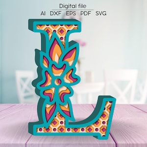 Gelaagde letter L SVG, bloemenalfabet DXF, 3D-letters, papier/lasergesneden digitale download SVG-sjabloon, 4 lagen