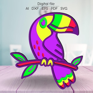Download digitale Tucano a strati, SVG, DXF, AI, arredamento della camera per bambini 3D, file tagliato al laser, per Glowforge, xTool, cnc, colorazione del legno degli uccelli