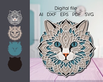 Layered Cat Mandala 3D SVG, room decoration, Cut file, for Glowforge, Cricut, xTool, cnc, digital download, Laser cut file