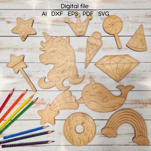 Einhorn aus Holz zum Ausmalen für Mädchen, digitaler Download, SVG, DXF, AI, Laser cut Datei, für Glowforge, xTool, cnc, Raumdekor | 12 Formen