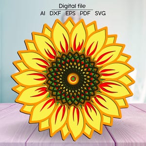 Tournesol SVG en couches | Fichier de découpe pour CNC, Cricut, Glowforge, xTool | Fleur ukrainienne | Décoration de chambre 3D