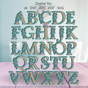 Layered Alphabet DXF, Floral letters 3D, Paper/Laser cut digital download SVG template, 4 layers