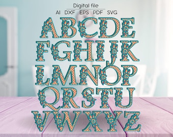 Layered Alphabet DXF, Floral letters 3D, Paper/Laser cut digital download SVG template, 4 layers