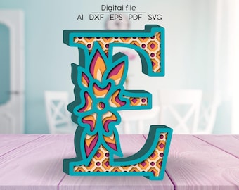 Layered letter E SVG, Floral Alphabet DXF, Letters 3D, Paper/Laser cut digital download SVG template, 4 layers