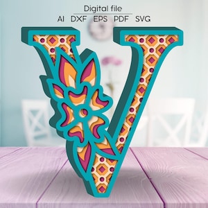 Letra en capas V SVG, Alfabeto floral DXF, Letras 3D, Plantilla SVG de descarga digital cortada en papel/láser, 4 capas