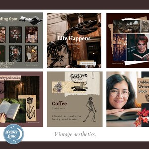 Puede incluir: Un collage de im&aacute;genes con una est&eacute;tica vintage. Las im&aacute;genes incluyen un lugar para leer, un esqueleto, una taza de caf&eacute;, una mujer leyendo un libro y una escena de bosque. El texto "Life Happens, Coffee Helps" es visible en la imagen superior central. El texto "Coffee" es visible en la imagen inferior central. El texto "Unblocking Writer's Block" es visible en la imagen inferior derecha.