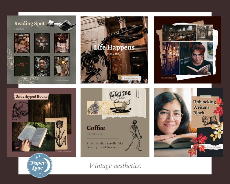 Puede incluir: Un collage de im&aacute;genes con una est&eacute;tica vintage. Las im&aacute;genes incluyen un lugar para leer, un esqueleto, una taza de caf&eacute;, una mujer leyendo un libro y una escena de bosque. El texto "Life Happens, Coffee Helps" es visible en la imagen superior central. El texto "Coffee" es visible en la imagen inferior central. El texto "Unblocking Writer's Block" es visible en la imagen inferior derecha.
