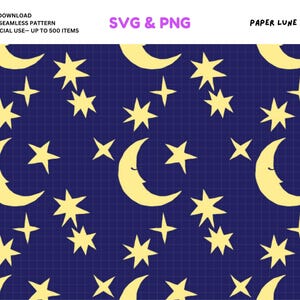 Puede incluir: Un patrón sin costuras con lunas y estrellas amarillas sobre un fondo de cuadrícula azul oscuro. El diseño incluye lunas crecientes con ojos cerrados y estrellas de varios tamaños. El texto "SVG & PNG" es visible.