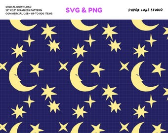 Moon Stars Vector Seamless Pattern Blue Background (PNG, SVG Digital Download)