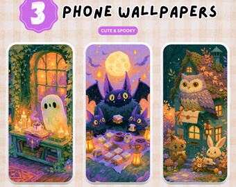 3 Spooky and Cute Phone Wallpapers PNG Digital Download