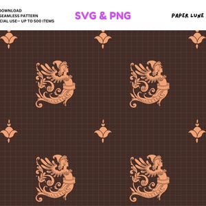 Puede incluir: Patrón repetitivo con figuras aladas y elementos florales de color melocotón sobre un fondo de cuadrícula marrón oscuro. El texto "SVG & PNG" está en la parte superior central. El texto "DIGITAL DOWNLOAD 12" X 12" SEAMLESS PATTERN COMMERCIAL USE- UP TO 500 ITEMS" está en la parte superior izquierda.