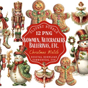 Puede incluir: Un paquete digital de clipart de 12 ilustraciones con temática navideña, que incluye muñecos de nieve, cascanueces, bailarinas y figuras de pan de jengibre. Las ilustraciones son de estilo vintage con colores brillantes y detalles intrincados.