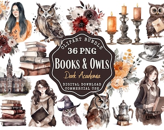 Dark Academia Clipart: Books, Owls, and Fall Decor (PNG Digital Download)