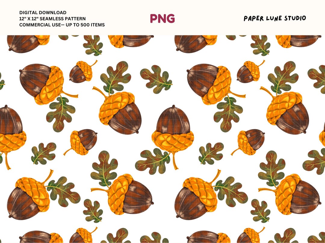 Acorns White Background Seamless Pattern 12X12 PNG Digital Download ...