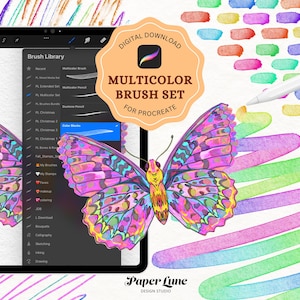 May include: A digital illustration of a colorful butterfly with a Procreate app screen showing a brush library with a variety of brushes. The text "MULTICOLOR BRUSH SET FOR PROCREATE" is displayed in a circle.