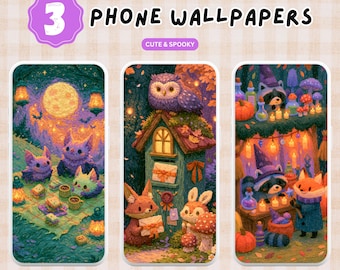 3 Spooky and Cute Phone Wallpapers PNG Digital Download