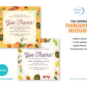 CANVA TEMPLATE Fully Editable Thanksgiving Invitation Fall Party, Instant Download, Square Digital Download 2 variants, Screen Use and Print