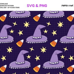 Puede incluir: Patrón sin costuras con sombreros de bruja morados, caramelos de maíz y estrellas amarillas sobre un fondo de cuadrícula azul oscuro. El diseño incluye el texto "SVG & PNG" y "Paper Lune Studio". Descarga digital.