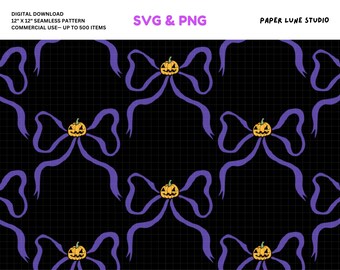 Halloween Purple Bows Vector Seamless Pattern Black Background (PNG, SVG Digital Download)